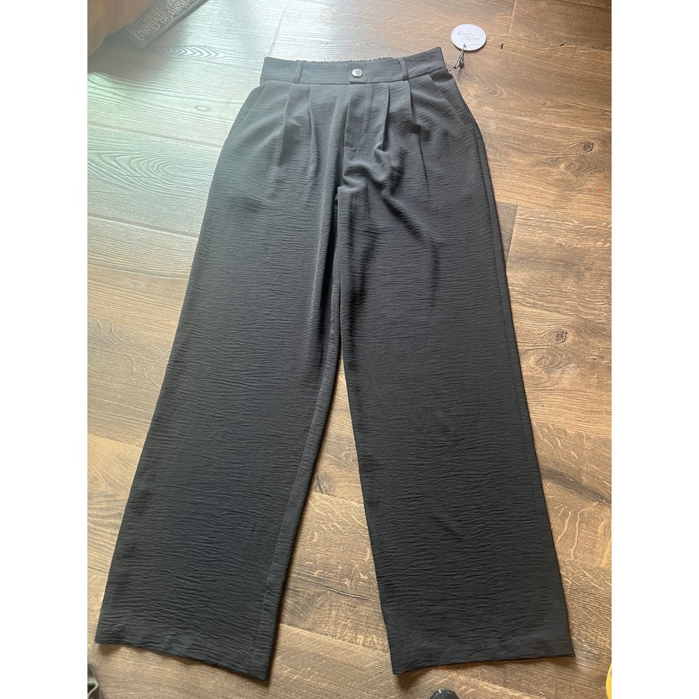 Milk & Honey Womens Black Textured Wide Leg Pleated Trousers Style 38216P Size M